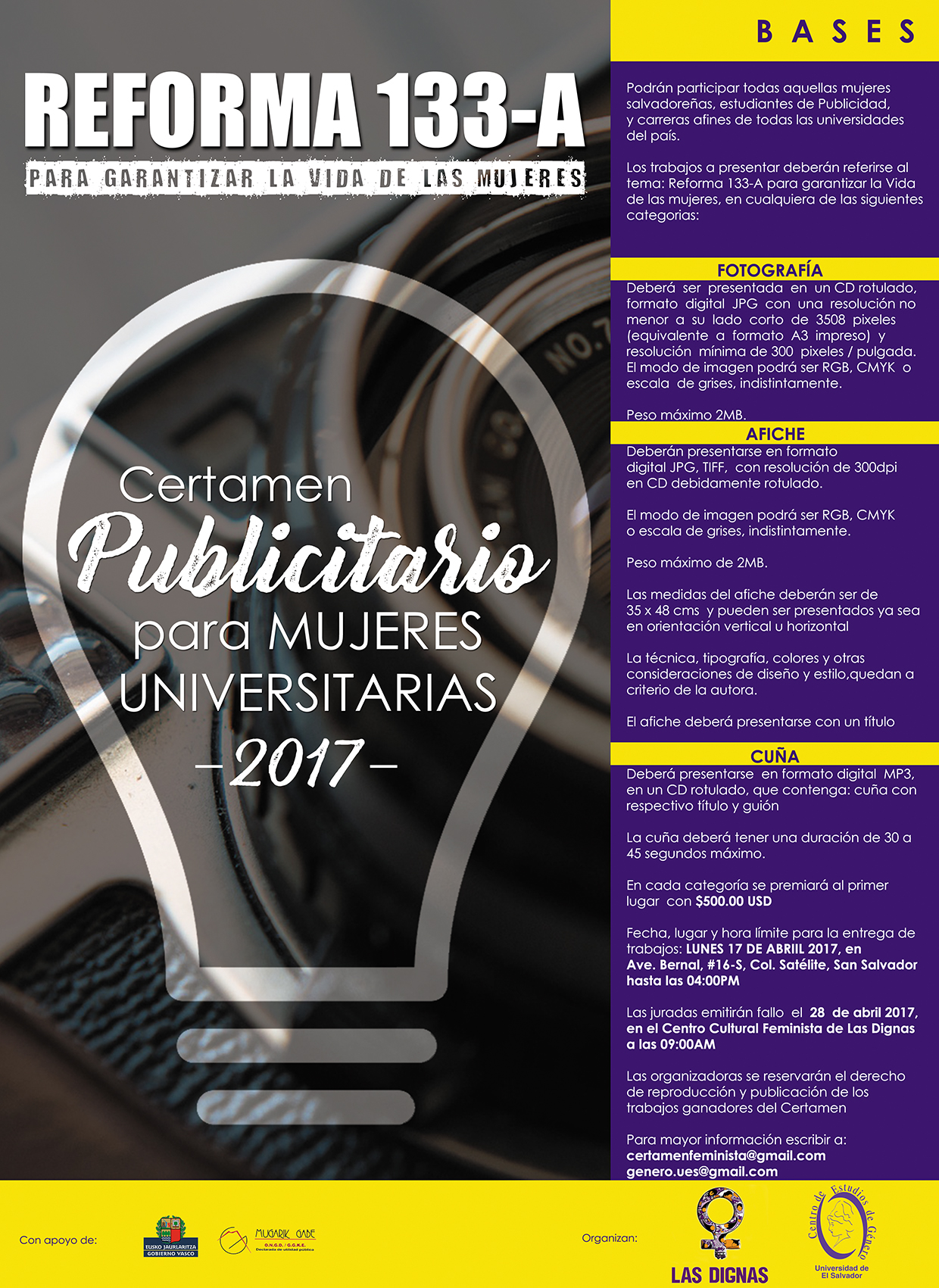 BASES DE CERTAMEN PUBLICITARIO PARA MUJERES UNIVERSITARIAS 2017: REFORMA 133-A PARA GARANTIZAR LA VIDA DE LAS MUJERES