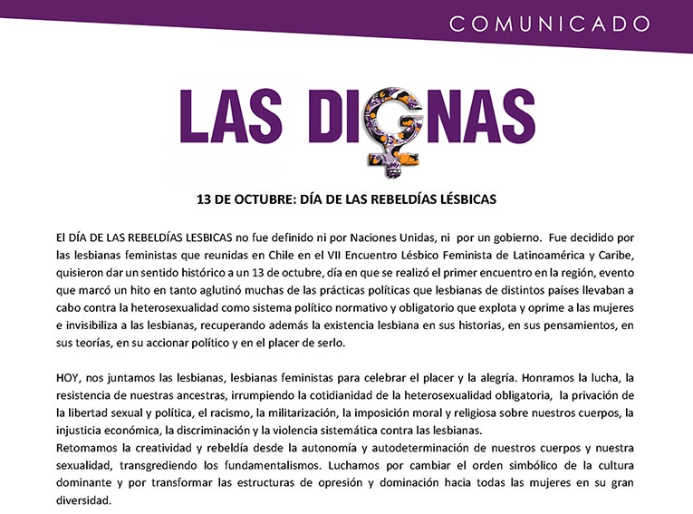 COMUNICADO: 13 DE OCTUBRE DIA DE LAS REBELDÍAS LESBICAS | 14.10.17